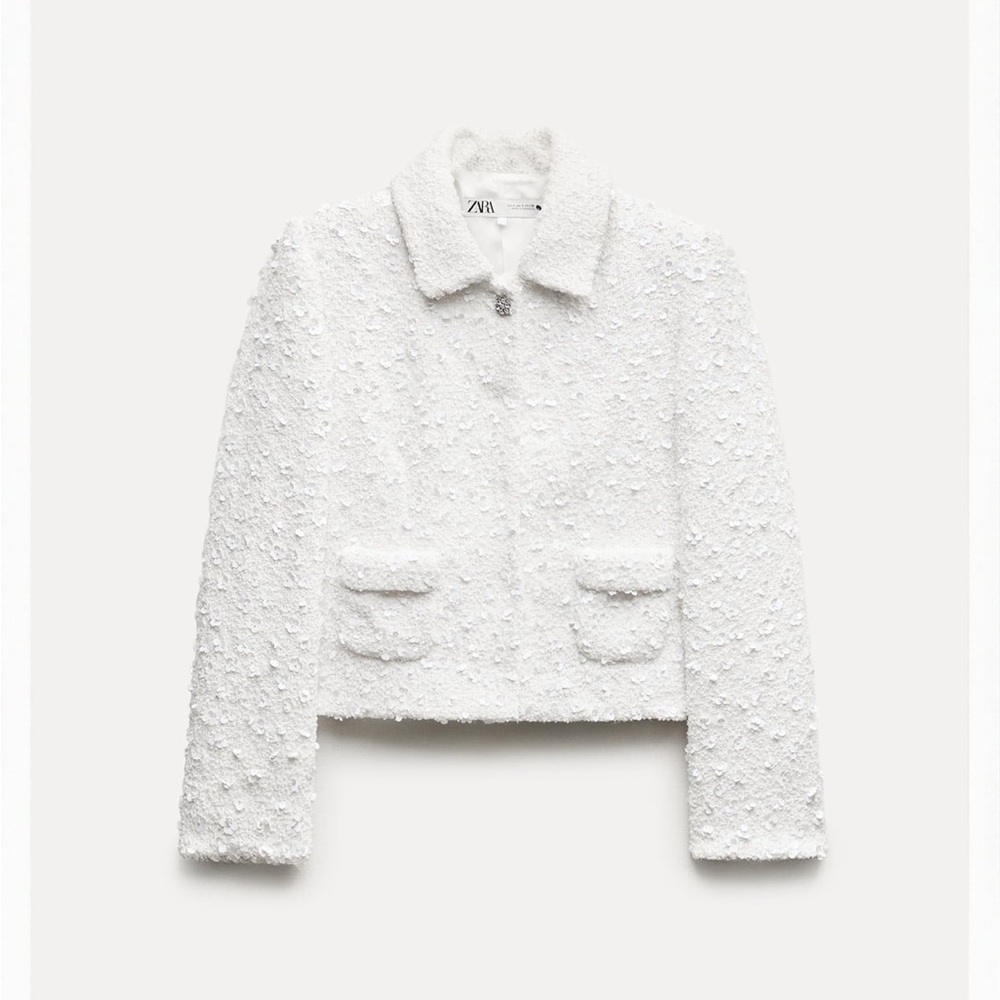 ZARA WOMAN NWT SS24 ZW COLLECTION SHORT SEQUIN JACKET WHITE MEDIUM